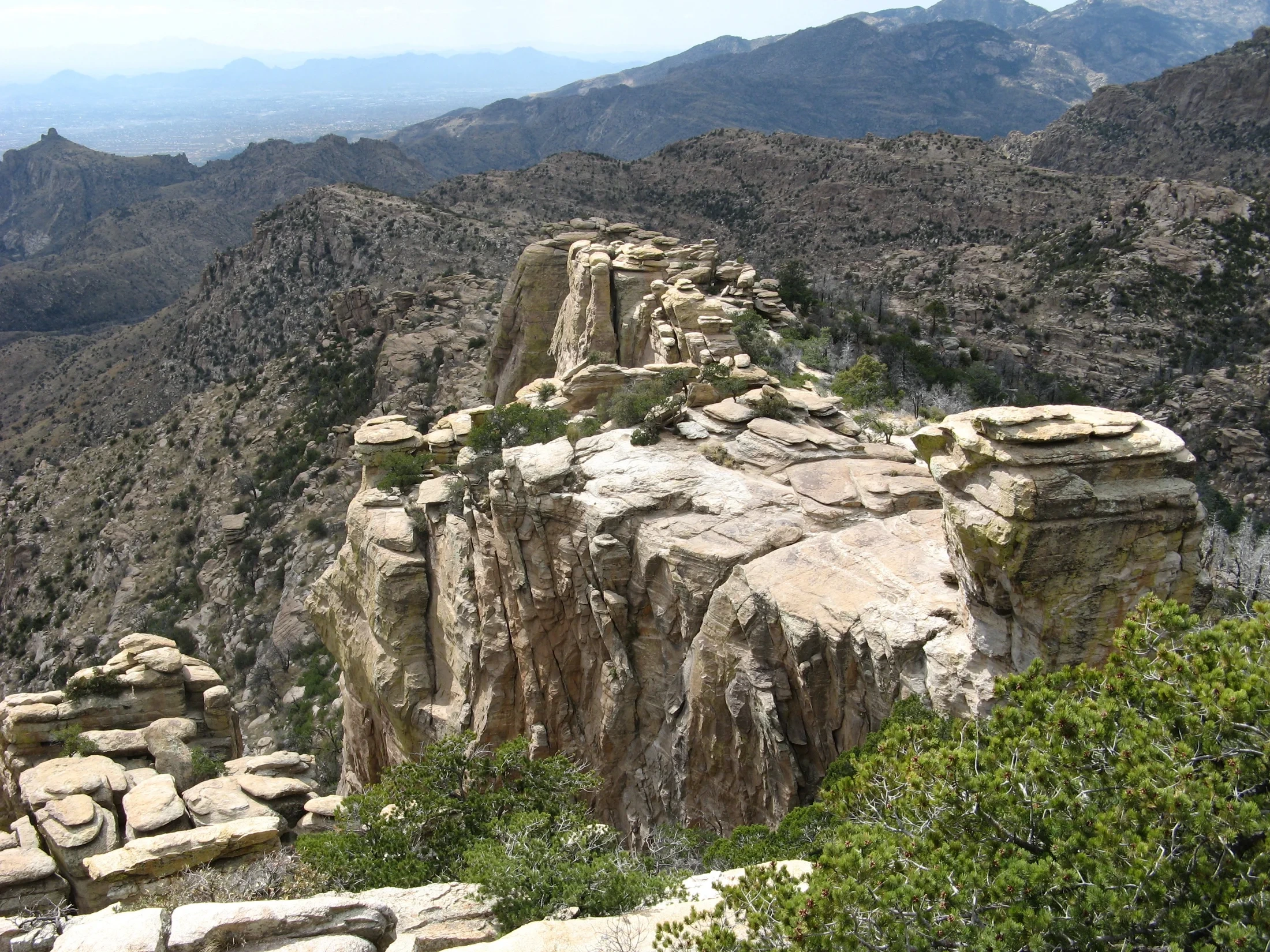 Pale rock towers at Windy Point rise above the slopes and distant Tucson basin.