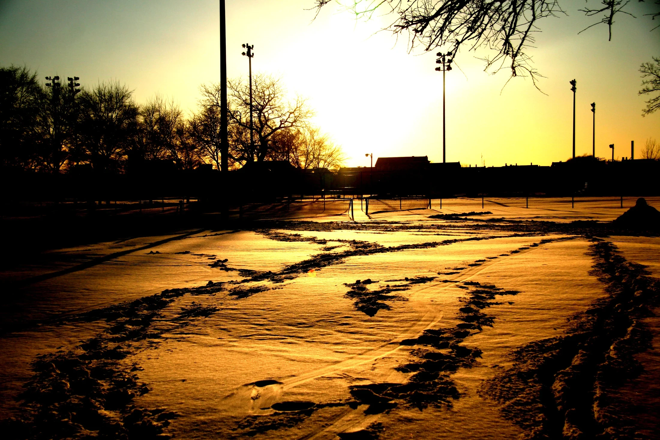 Low winter sunlight crosses snow-covered tennis courts and tree silhouettes in Harrison Park.