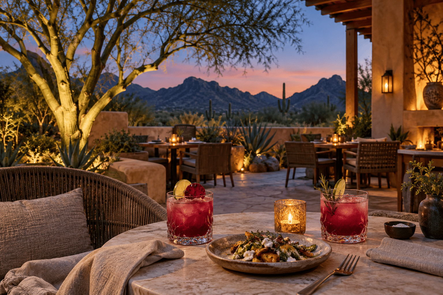 Imagined Arizona courtyard dinner with ruby-colored drinks, candlelight, and desert mountains at twilight