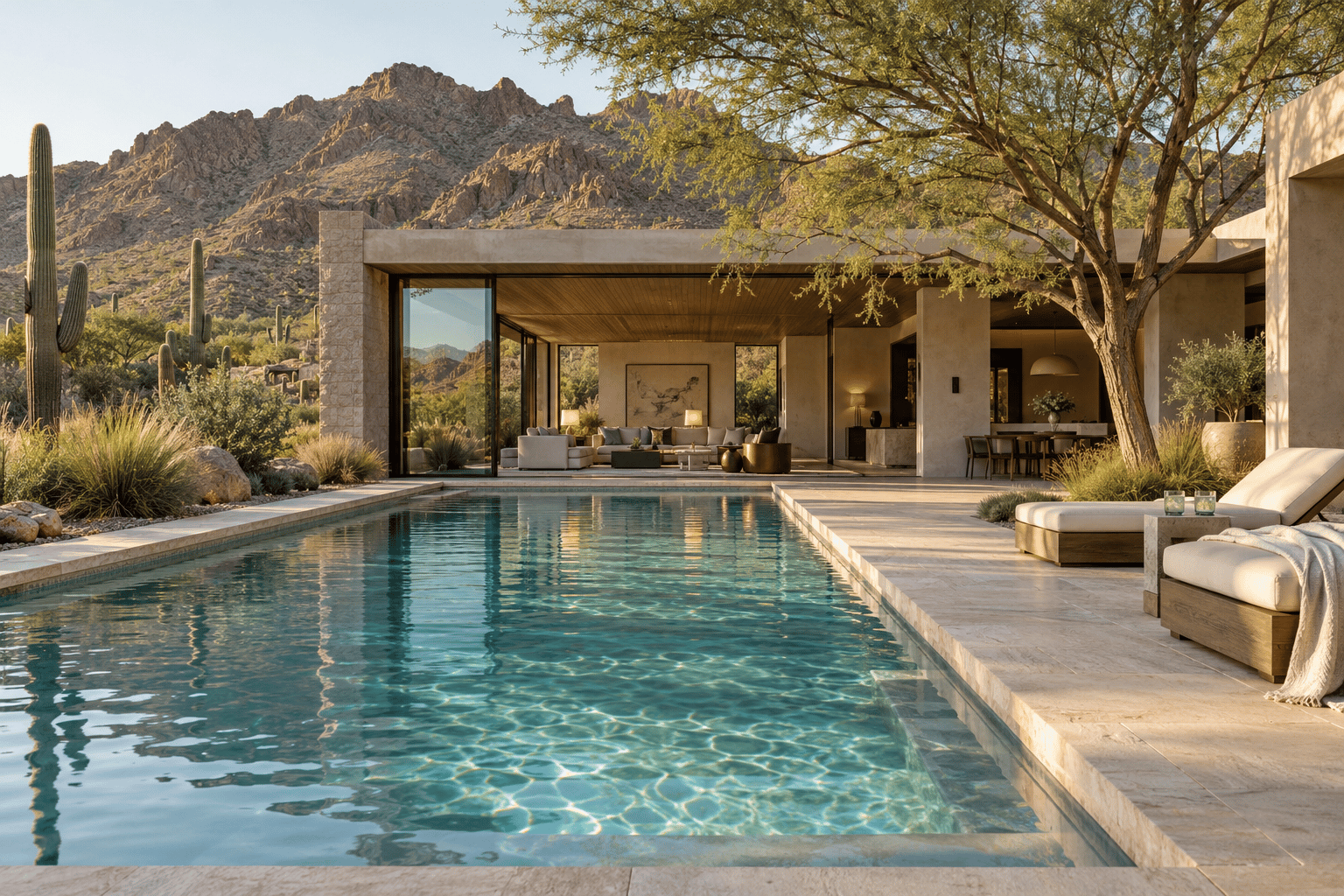 Imagined Paradise Valley residence with an open-air living room and a turquoise pool beneath desert mountains