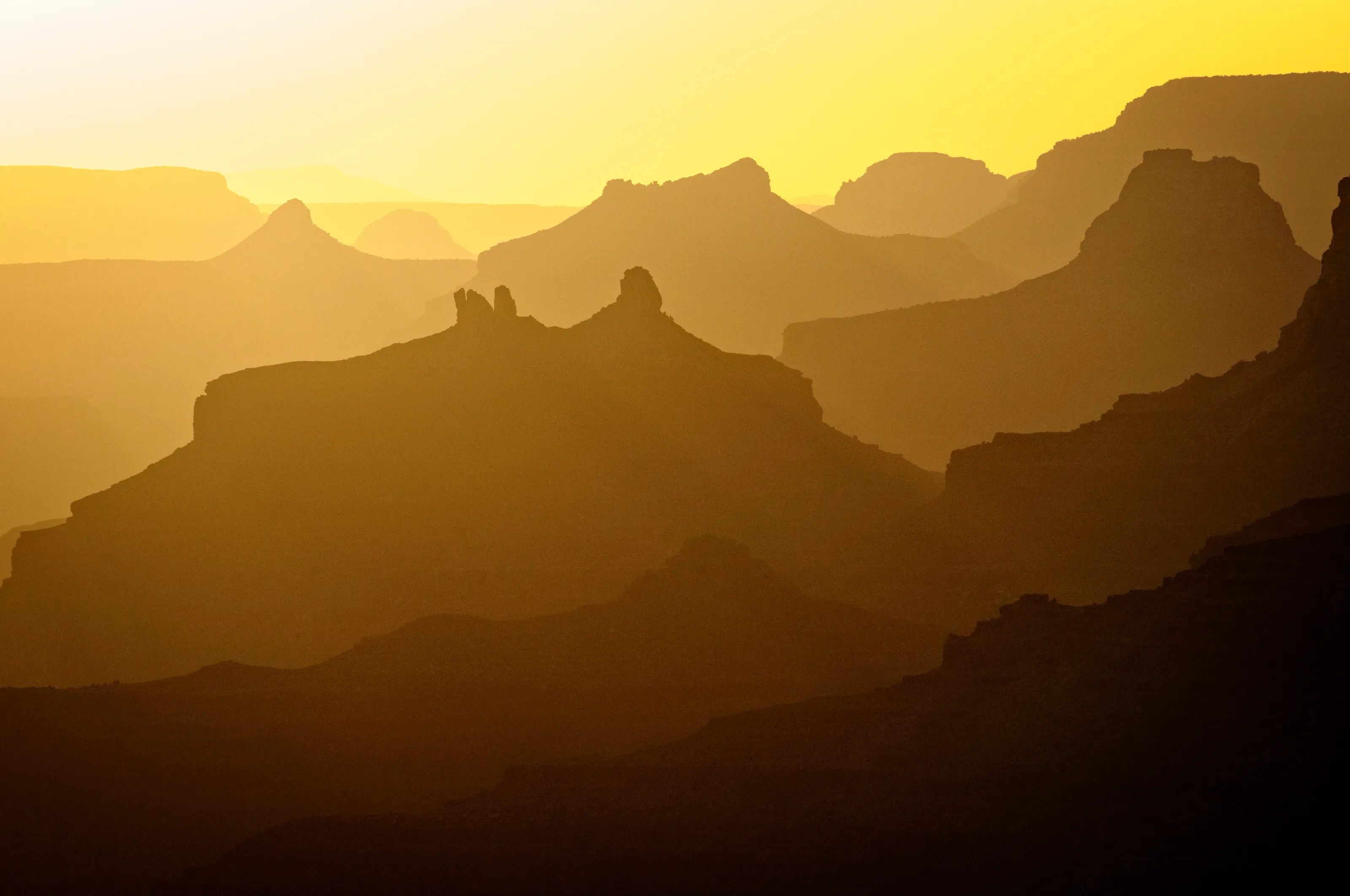 Layers of Grand Canyon silhouettes glowing in golden sunset light
