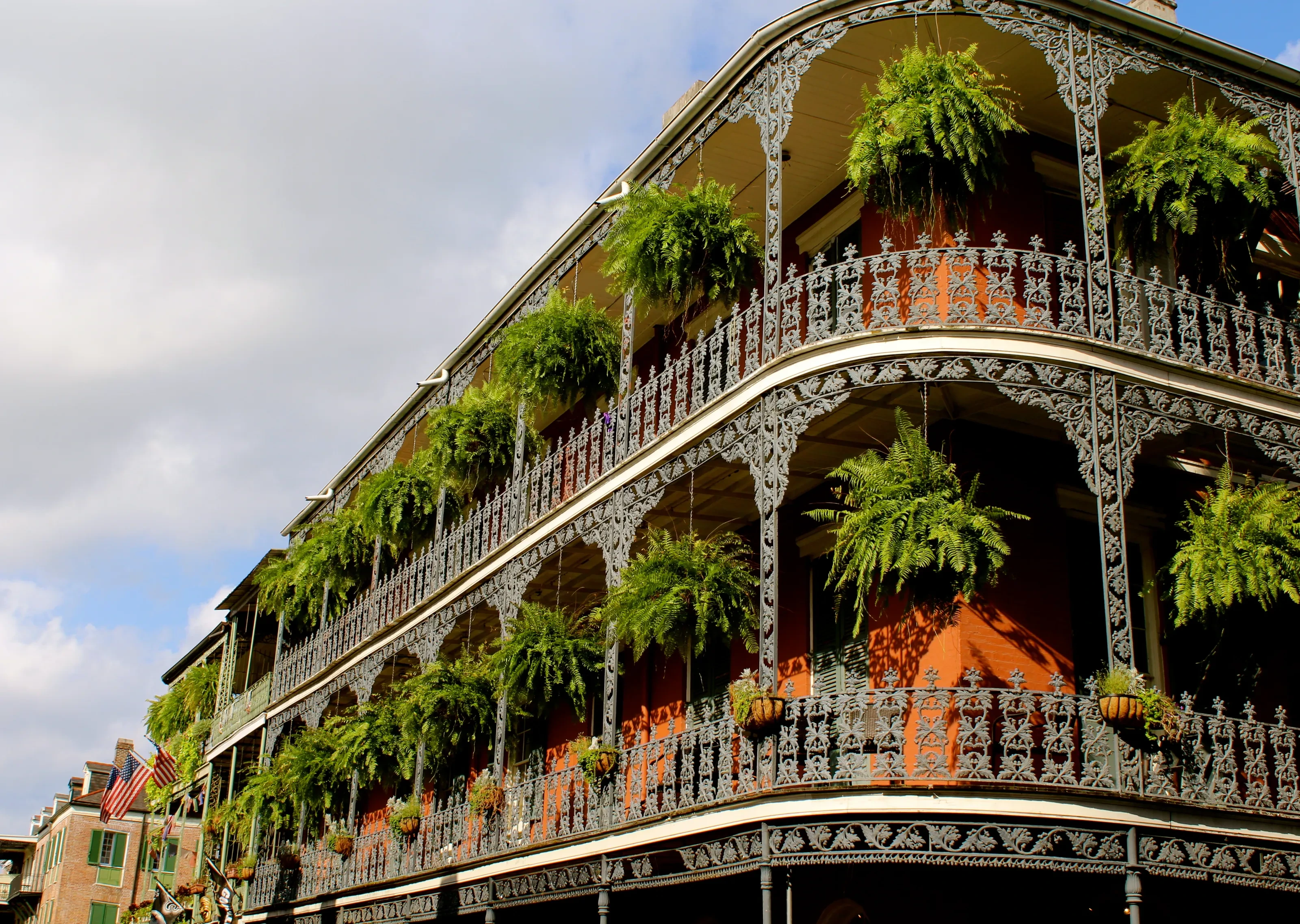 Ornate French Quarter balconies with hanging ferns and warm terracotta walls in New Orleans