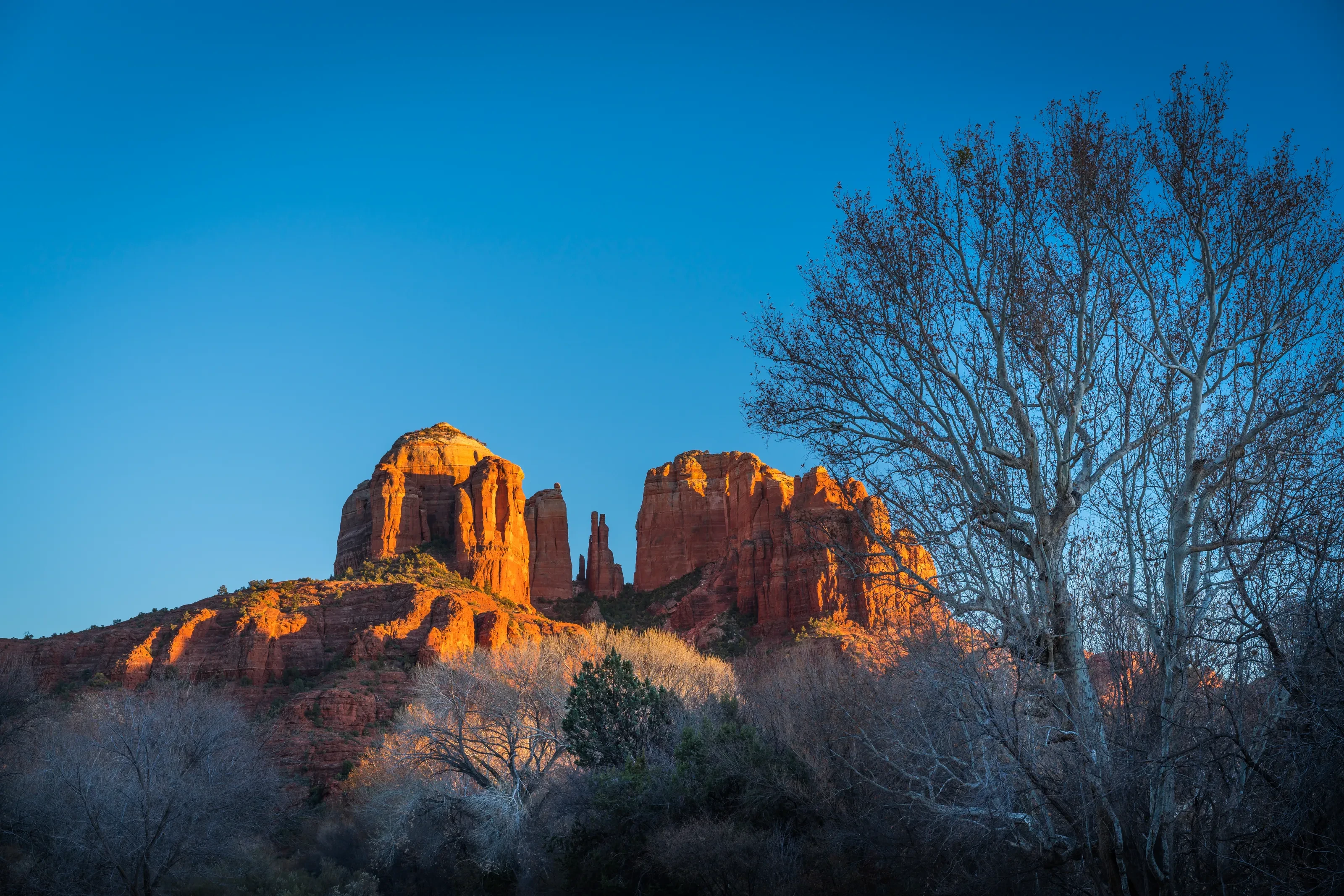 Golden light on Sedona's Cathedral Rock beneath a clear blue Arizona sky